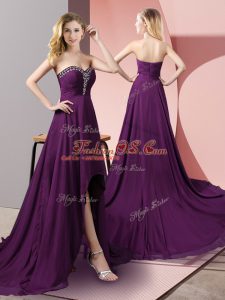 Purple Empire Beading Party Dress Zipper Chiffon Sleeveless High Low