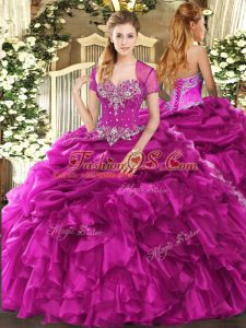 Fuchsia Organza Lace Up Sweetheart Sleeveless Floor Length Quinceanera Gown Beading and Ruffles and Pick Ups