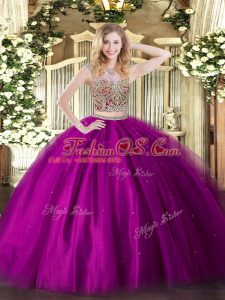Edgy Floor Length Fuchsia Quinceanera Gowns Scoop Sleeveless Lace Up