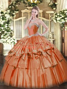 On Sale Sweetheart Sleeveless Sweet 16 Dresses Floor Length Beading and Ruffled Layers Rust Red Organza