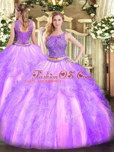 Chic Lavender Sleeveless Beading and Ruffles Floor Length Quince Ball Gowns