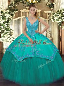 V-neck Sleeveless Taffeta and Tulle Quinceanera Gowns Beading and Embroidery Zipper
