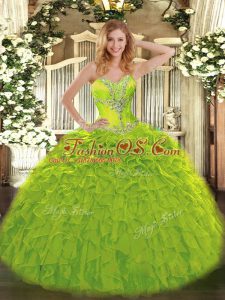 Sweetheart Sleeveless Organza Quince Ball Gowns Beading and Ruffles Lace Up