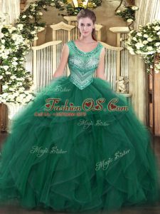 Sleeveless Tulle Floor Length Lace Up 15th Birthday Dress in Dark Green with Beading and Ruffles