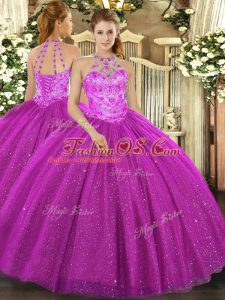 Fuchsia Lace Up Sweet 16 Quinceanera Dress Beading and Embroidery and Sequins Sleeveless Floor Length