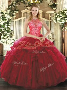 Nice Wine Red High-neck Lace Up Ruffles Quince Ball Gowns Sleeveless