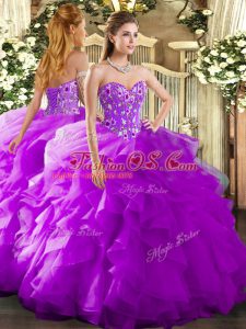 Fine Floor Length Purple 15 Quinceanera Dress Organza Sleeveless Embroidery and Ruffles