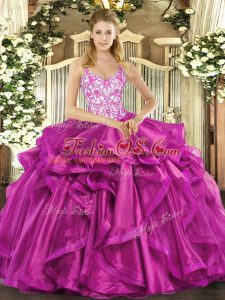 High End Sleeveless Organza Floor Length Lace Up Ball Gown Prom Dress in Fuchsia with Beading and Appliques and Ruffles
