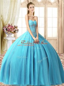 Pretty Floor Length Aqua Blue Quinceanera Gown Tulle Sleeveless Beading