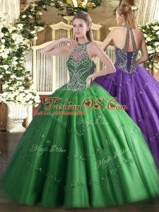 Green Sleeveless Floor Length Beading Lace Up Quinceanera Gown