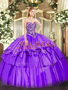 Purple Ball Gown Prom Dress Military Ball and Sweet 16 and Quinceanera with Beading and Ruffled Layers Sweetheart Sleeveless Lace Up