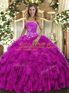 Fuchsia Lace Up Strapless Beading and Ruffles 15th Birthday Dress Organza Sleeveless