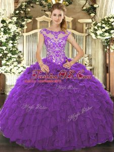 Purple Scoop Neckline Beading and Ruffles and Hand Made Flower Quinceanera Gowns Cap Sleeves Lace Up