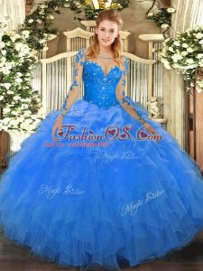 Elegant Blue Lace Up Vestidos de Quinceanera Lace and Ruffles Long Sleeves Floor Length