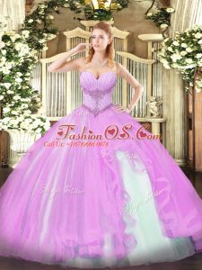 Glorious Lilac Lace Up Quinceanera Dress Beading and Ruffles Sleeveless Floor Length
