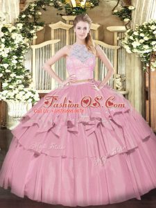 Floor Length Baby Pink Quinceanera Gowns Scoop Sleeveless Zipper