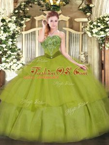 Beauteous Floor Length Lace Up Quinceanera Dresses Olive Green for Military Ball and Sweet 16 and Quinceanera with Beading and Ruffled Layers
