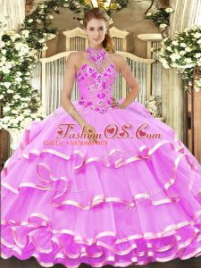 Sumptuous Sleeveless Organza Floor Length Lace Up Quinceanera Gown in Lilac with Beading and Embroidery