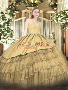 Floor Length Gold Quinceanera Dresses Organza and Taffeta Sleeveless Beading and Lace and Embroidery and Ruffled Layers
