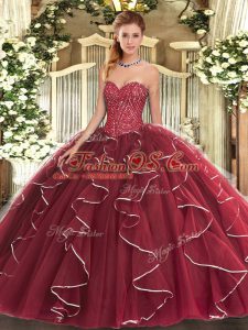 Most Popular Beading and Ruffles Vestidos de Quinceanera Burgundy Lace Up Sleeveless Floor Length