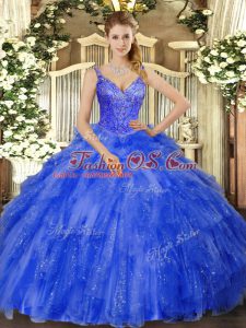 Pretty Floor Length Ball Gowns Sleeveless Royal Blue Quinceanera Gowns Lace Up