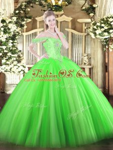 Custom Design Ball Gowns Sweet 16 Dresses Green Off The Shoulder Tulle Sleeveless Floor Length Lace Up