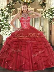Romantic Coral Red Sleeveless Beading and Ruffles Floor Length Sweet 16 Dress