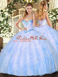 Luxury Sweetheart Sleeveless 15 Quinceanera Dress Floor Length Beading and Ruffles Light Blue Organza
