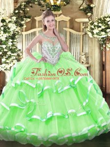 Sleeveless Organza Floor Length Zipper Quinceanera Dress in with Beading and Ruffled Layers