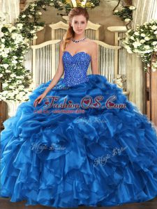 Beauteous Floor Length Lace Up Sweet 16 Quinceanera Dress Blue for Military Ball and Sweet 16 and Quinceanera with Beading and Ruffles and Pick Ups