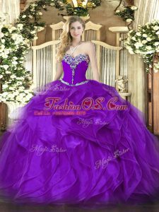 Shining Purple Organza Lace Up Sweetheart Sleeveless Floor Length Vestidos de Quinceanera Beading and Ruffles