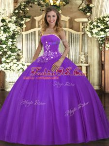 Comfortable Purple Ball Gowns Beading Sweet 16 Dress Lace Up Tulle Sleeveless Floor Length