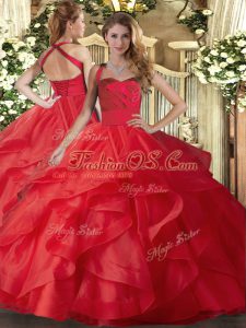 Red Lace Up Halter Top Ruffles Ball Gown Prom Dress Tulle Sleeveless