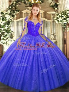 New Arrival Floor Length Blue 15th Birthday Dress Scoop Long Sleeves Lace Up