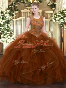 Adorable Sleeveless Tulle Floor Length Zipper Quinceanera Gown in Brown with Beading and Ruffles