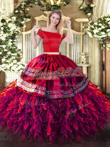 Amazing Fuchsia Off The Shoulder Neckline Embroidery and Ruffles Sweet 16 Dress Short Sleeves Zipper