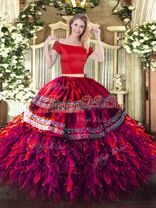 Amazing Fuchsia Off The Shoulder Neckline Embroidery and Ruffles Sweet 16 Dress Short Sleeves Zipper