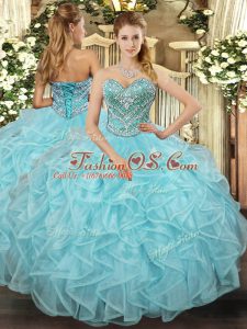 Sleeveless Tulle Floor Length Lace Up Quinceanera Gown in Aqua Blue with Beading and Ruffled Layers