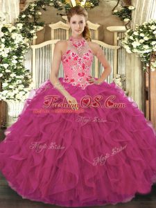 Super Hot Pink Sleeveless Organza Lace Up Sweet 16 Quinceanera Dress for Military Ball and Sweet 16 and Quinceanera