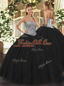 Floor Length Lace Up Sweet 16 Quinceanera Dress Black for Military Ball and Sweet 16 and Quinceanera with Beading