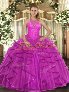 Dramatic Fuchsia Ball Gowns Beading and Ruffles Sweet 16 Dress Lace Up Organza Sleeveless Floor Length