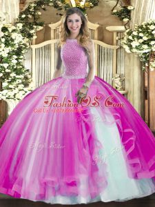 Elegant Ball Gowns Sweet 16 Dresses Fuchsia High-neck Tulle Sleeveless Floor Length Lace Up