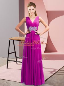 Sophisticated Fuchsia Sleeveless Beading and Ruching Floor Length Prom Evening Gown