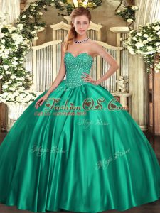 Fantastic Turquoise Satin Lace Up Sweet 16 Dress Sleeveless Floor Length Beading