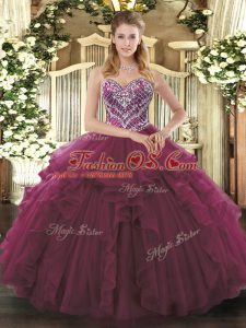Beading and Ruffles Vestidos de Quinceanera Burgundy Lace Up Sleeveless Floor Length