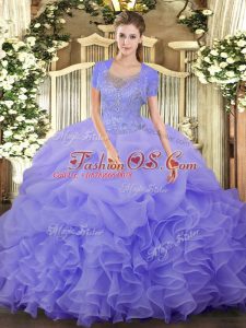 Best Selling Lavender Tulle Clasp Handle 15 Quinceanera Dress Sleeveless Floor Length Beading and Ruffled Layers