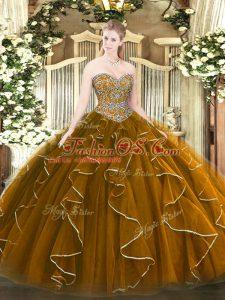 Fantastic Brown Ball Gowns Tulle Sweetheart Sleeveless Beading and Ruffles Floor Length Lace Up 15 Quinceanera Dress