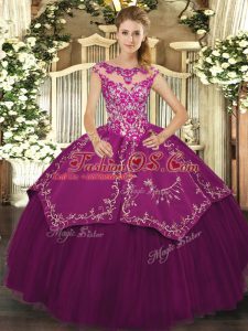 Purple Cap Sleeves Satin and Tulle Lace Up Quinceanera Dress for Sweet 16 and Quinceanera