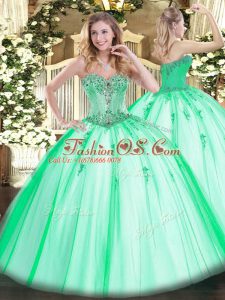 Fashionable Tulle Sweetheart Sleeveless Lace Up Beading and Appliques Quinceanera Gown in Apple Green