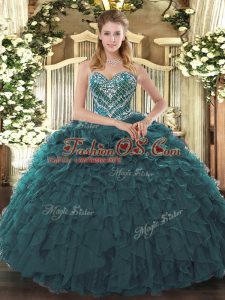Classical Teal Tulle Lace Up Sweet 16 Quinceanera Dress Sleeveless Floor Length Beading and Ruffled Layers